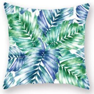Blue & Green Palm Leaves Pillow Cover
